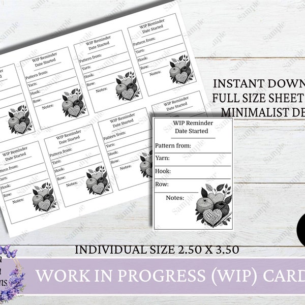 Printable Work In Progress Reminder Cards, Crochet/Knitting WIP Reminder Cards, WIP Project Card, Minimlaist Design, Instant Download