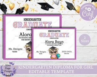 Editable Kindergarten Diploma For Girl, Personalized Graduation Certificate, School Graduation Certificate, Last Day of School Diploma