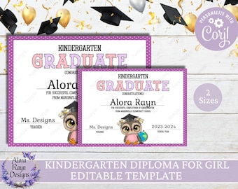 Editable Kindergarten Diploma For Girl, Personalized Graduation Certificate, School Graduation Certificate, Last Day of School Diploma