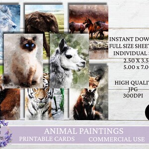 Animal Painting ATC Cards, Junk Journal Cards, Digital Paper, Printable Journaling Cards, Scrapbooking, Digital Download