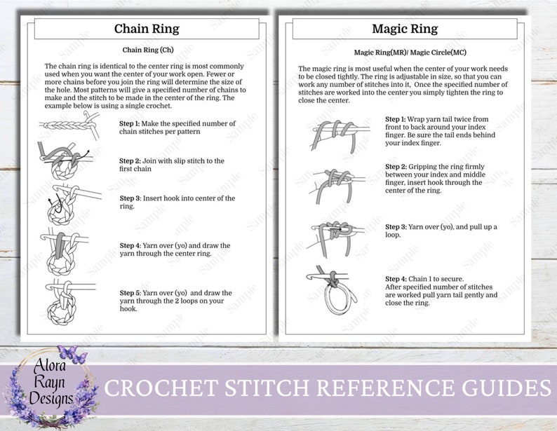May include: A crochet stitch reference guide showing instructions for chain and magic rings. The guide includes diagrams and step-by-step instructions. The text includes "Chain Ring" and "Magic Ring". The guide is from Alora Rayn Designs.