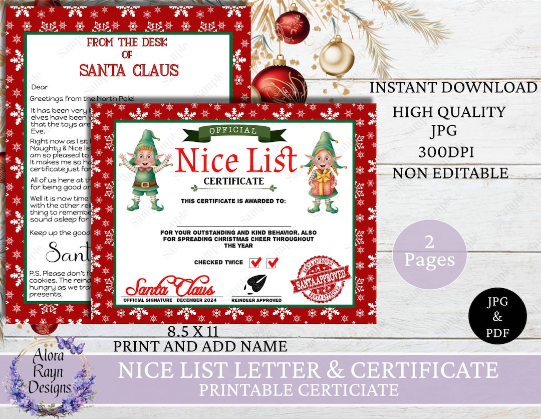 Printable Letter From Santa Claus and Nice List Certificate, From the ...