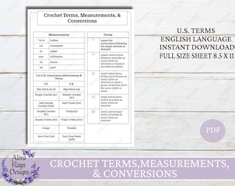 Crochet Terms, Measurements, & Conversions Reference Guide, Crochet Journal Page, Basic Crochet Guides, Beginner Crochet, Instant Download