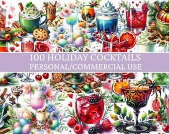 Holiday Cocktail Designs, Watercolor Drink  PNG, Holiday Designs, Festive Drink, Bar PNG, Instant Download, Commercial Use