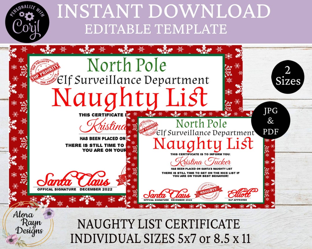 EDITABLE Naughty List Certificate, Printable Naughty List Official ...
