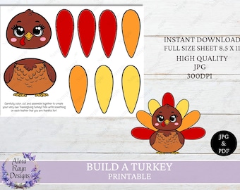 Bauen Sie ein Truthahn Bastelset, Thanksgiving-Aktivität, Malseite, Sofort-Download