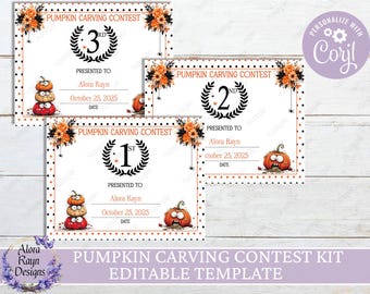 Bearbeitbares Kürbis schnitzen Zertifikat Kit, Halloween Contest Bedarf, Halloween Party Kit, Kürbis schnitzen Contest Award