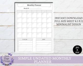 Simple Undated Monthly Planner Printable, Simple Monthly Planner Page, Simple Monthly Sheet, Planner Page, Planner Sheet, Minimalist Design