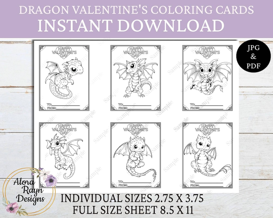 Dragon Valentine's Day Printable Coloring Cards Dragon Etsy
