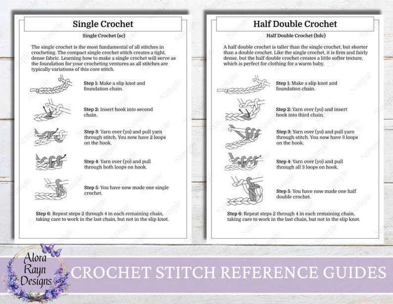 May include: Two crochet stitch reference guides with step-by-step instructions. The left guide details single crochet, and the right guide shows half double crochet. The guides include diagrams and text. The bottom of the image has the text "CROCHET STITCH REFERENCE GUIDES".