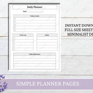May include: A printable daily planner page with sections for today's goals, to do list, notes, and daily reflections. The page is designed in a minimalist style with a white background and gray lines.