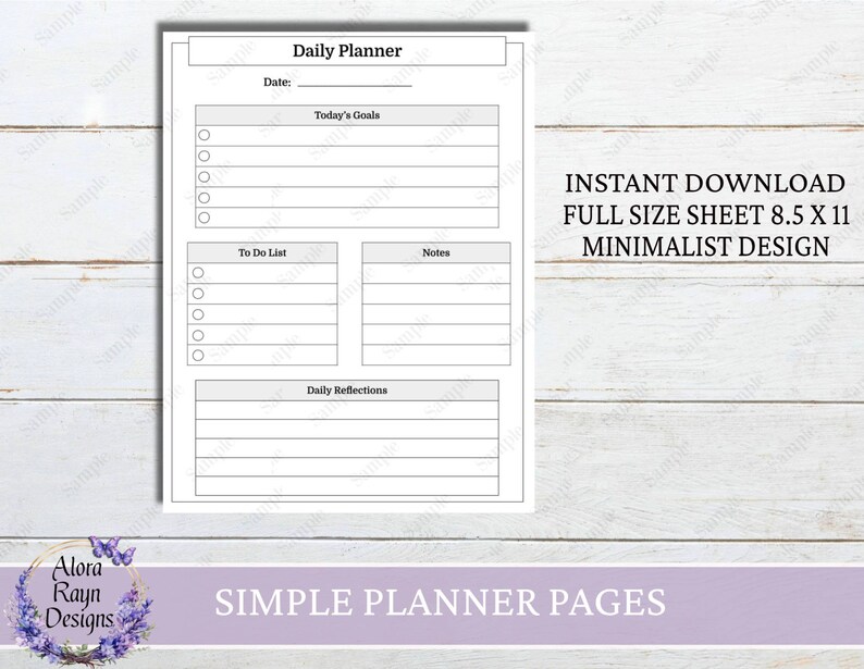 May include: A printable daily planner page with sections for today's goals, to do list, notes, and daily reflections. The page is designed in a minimalist style with a white background and gray lines.