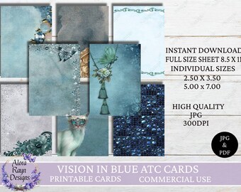 Vision In Blue Junk Journal Cards,  Blue Digital Cards , Printable ATC Cards, ACEO Digital Cards, Instant Download