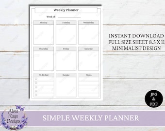 Simple Undated Weekly Planner Printable, Simple Weekly Planner Page, Simple Weekly Sheet, Planner Page, Planner Sheet, Minimalist Design