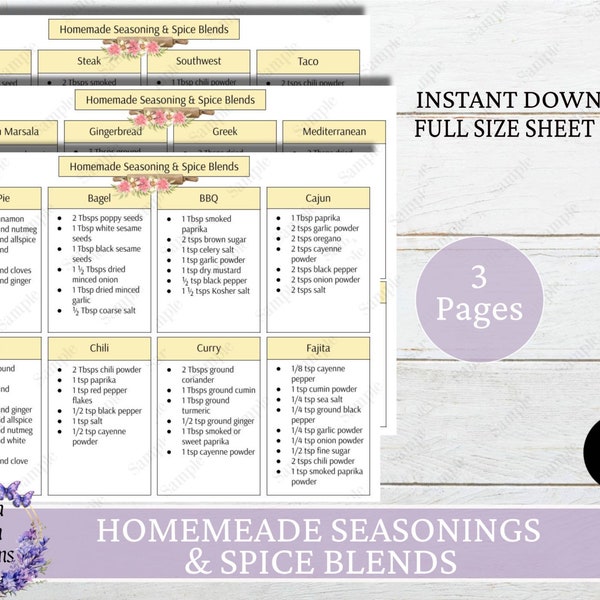 Printable Homemade Seasoning  & Spice Blends, Printable Kitchen Cheat Sheet, Instant Download