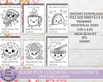 24 Printable Valentine’s Food Pun Coloring Cards, Valentine&#39;s Day Cards, Coloring Cards, Kid&#39;s Valentine&#39;s Day Cards, Instant Download