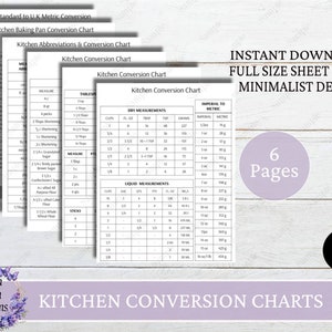 Kitchen Conversion Charts, Printable Kitchen Conversion Chart, Kitchen Cheat Sheet, Baking Measurements, Instant Download, Minimalist Design