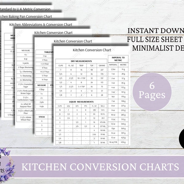 Tableaux de conversion de cuisine, Tableau de conversion de cuisine imprimable, Aide-mémoire pour la cuisine, Mesures de cuisson au four, Téléchargement immédiat, Design minimaliste