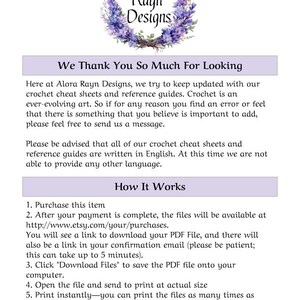 May include: A purple and white floral wreath with the text "Alora Rayn Designs" inside. The text "We Thank You So Much For Looking" is below the wreath. The text below the wreath describes how to purchase and download crochet patterns.