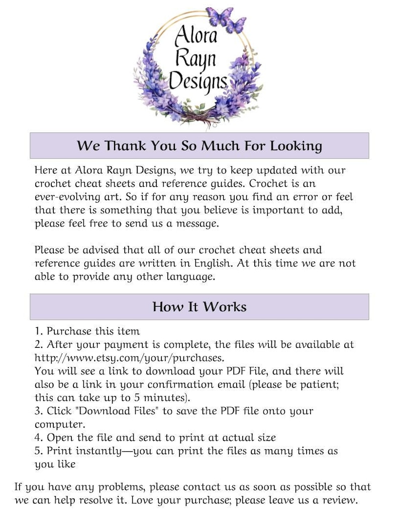 May include: A purple and white floral wreath with the text "Alora Rayn Designs" inside. The text "We Thank You So Much For Looking" is below the wreath. The text below the wreath describes how to purchase and download crochet patterns.