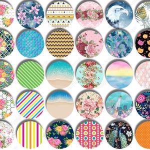 May include: A collection of round decorative images with various designs. Patterns include floral, geometric, beach scenes, and animal illustrations. Colors range from vibrant to pastel, offering a diverse aesthetic for crafts or decor.
