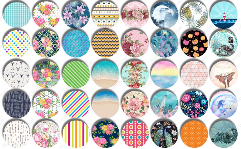 May include: A collection of round decorative images with various designs. Patterns include floral, geometric, beach scenes, and animal illustrations. Colors range from vibrant to pastel, offering a diverse aesthetic for crafts or decor.