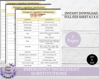 Printable Emergency Ingredient Substitutions Chart, Kitchen Cheat Sheet, Recipe Substitution Guide,Instant Download