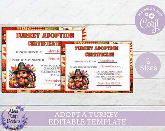 Editable Turkey Adoption Certificate, Printable Turkey Adoption Official Document,  Turkey Adoption Template, Instant Download