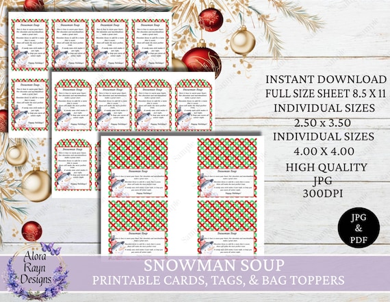 Snowman Soup Printable Tags, Snowman Labels, Snowman Bag Toppers, Christmas Tags, Treat Bag Tags, Instant Download