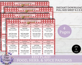 Printable Red Plaid Food, Herb & Spice Pairings Guide,Printable Kitchen Cheat Sheet, Instant Download, Printable