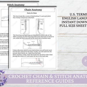 Könnte beinhalten: Schwarzweißes Referenzhandbuch zur Anatomie von Häkelmaschen und -ketten mit Illustrationen und Text, der die verschiedenen Teile einer Masche und einer Kette erklärt. Der Leitfaden trägt den Titel "Crochet Chain & Stitch Anatomy Reference Guides" und enthält den Text "U.S. Terms English Language Instant Download Full Size Sheet 8.5 x 11 PDF".