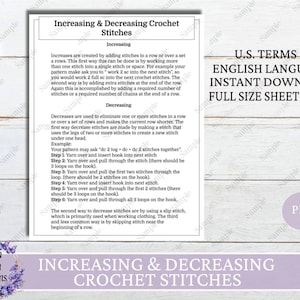 May include: A printable PDF crochet guide with instructions for increasing and decreasing crochet stitches. The guide is written in US terms and includes a full-size sheet measuring 21.6 x 27.9 cm.