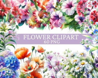 Blomma Clipart Bundle, Akvarell Blomma Clipart, Blomma PNG Bundle, Sublimering, Digital Nedladdning