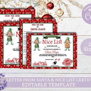 Carta de Papá Noel editable y certificado de lista de buenos deseos, plantillas personalizadas, plantilla editable, imprimible, descarga instantánea