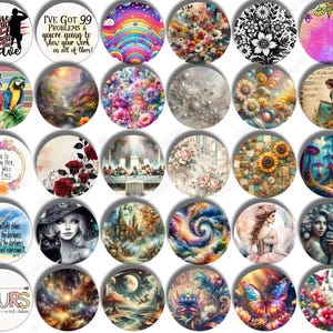 May include: A collection of round, decorative cabochons with various designs. Some feature text like "I've got 99 problems" and "Home of the brave." Others display images of a deer, parrot, flowers, and a rabbit. The cabochons are colorful and artistic.