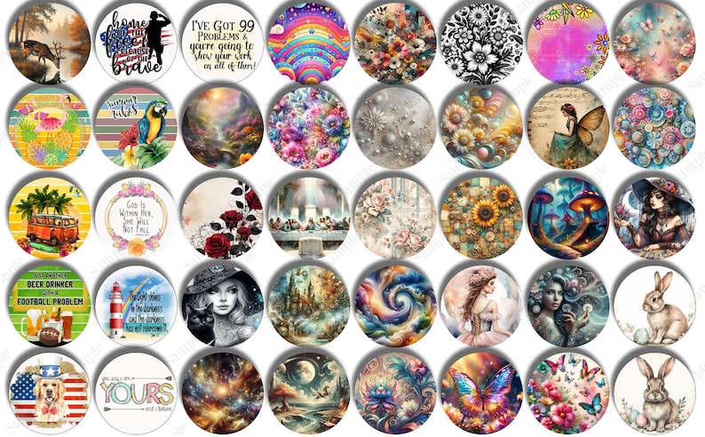 May include: A collection of round, decorative cabochons with various designs. Some feature text like "I've got 99 problems" and "Home of the brave." Others display images of a deer, parrot, flowers, and a rabbit. The cabochons are colorful and artistic.