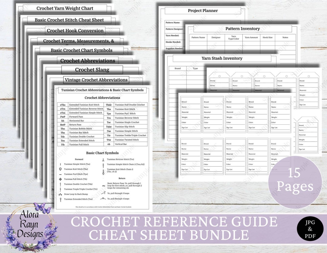 Crochet Reference Guides, Inventory Sheets, and Tags, Printable Crochet Reference Pages, Basic Crochet Guides, Instant Download