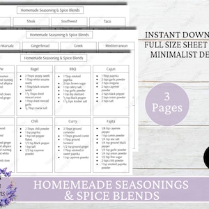 Homemade Seasoning  & Spice Blends, Printable Kitchen Cheat Sheet, Minimalist Design, Instant Recipe Guide, Instant Download