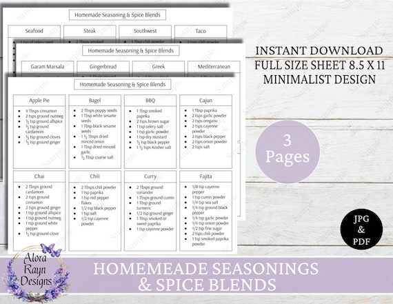 Homemade Seasoning  & Spice Blends, Printable Kitchen Cheat Sheet, Minimalist Design, Instant Recipe Guide, Instant Download