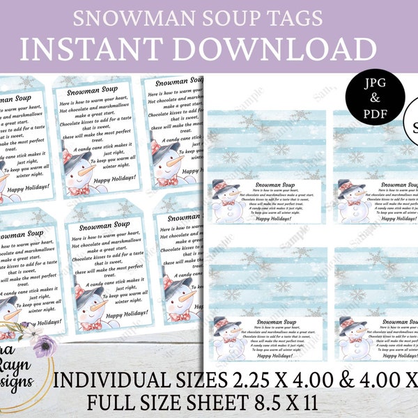 Snowman Soup Blue Printable Tags, Snowman Labels, Snowman Bag Toppers, Christmas Tags, Treat Bag Tags, Instant Download