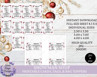 Schneemann Suppe druckbare Tags, Schneemann Etiketten, Schneemann Bag Topper, Weihnachtssuppe Geschenkanhänger, Instant Download