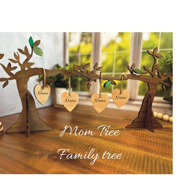 Personalized Wooden Family Tree for Mother's Day | Engraved Hearts for Family Members | Customizable Gift"