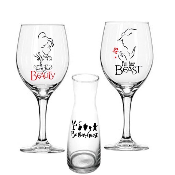 Mr & Mrs Disney Beauty And The Beast Glitter Wine Glass Set Glasses Glassware