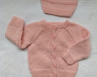 BABY CARDIGAN & HAT set, pink handknit baby cardigan, pink handknit baby hat, hand knit baby sweater, 0 - 3  months baby cardigan