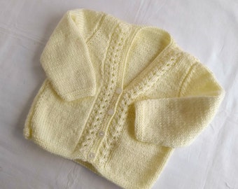 HANDKNIT BABY CARDIGAN, 3 - 6  months, pale yellow baby cardigan, hand knit baby sweater, yellow baby jumper