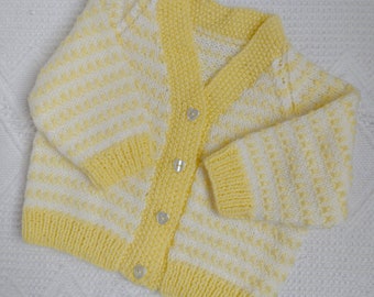 HANDKNIT BABY CARDIGAN, 0 - 3  months, pale yellow and white baby cardigan, hand knit baby sweater, yellow and white baby jumper