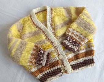 HANDKNIT BABY CARDIGAN, 0 - 3  months, yellow brown and cream baby cardigan, hand knit baby sweater, yellow baby jumper