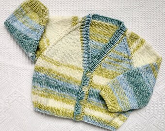 HANDKNIT BABY CARDIGAN, hand knit baby sweater, blue and green baby cardigan, hand knit baby cardigan, acrylic baby cardigan, 3 - 6 months