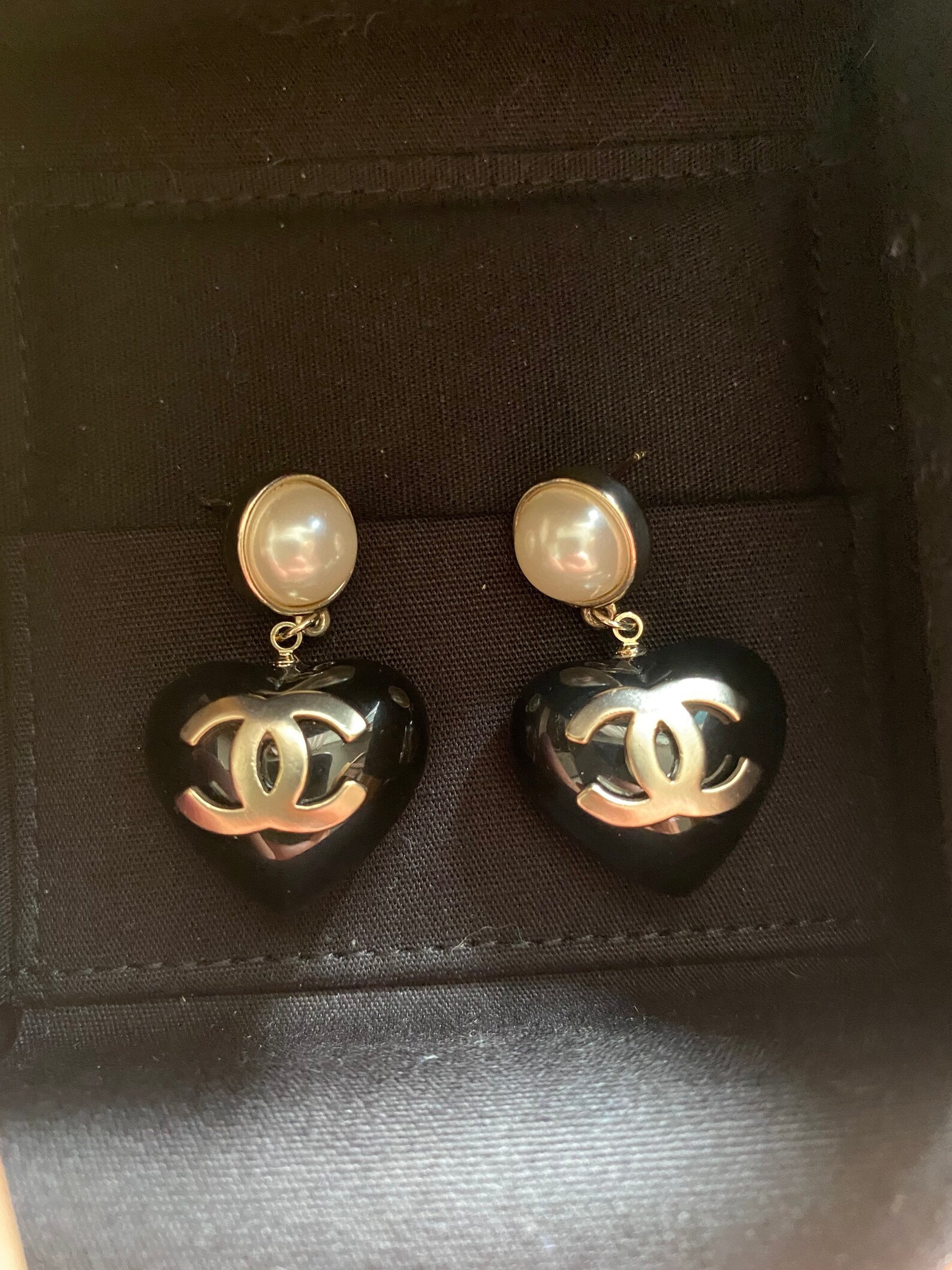 Chanel CC Logo black heart pearl earrings Etsy