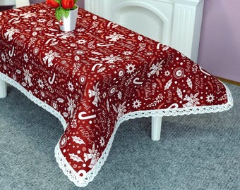 1:6 Dollhouse Christmas Tablecloth - Red Cotton Lace
